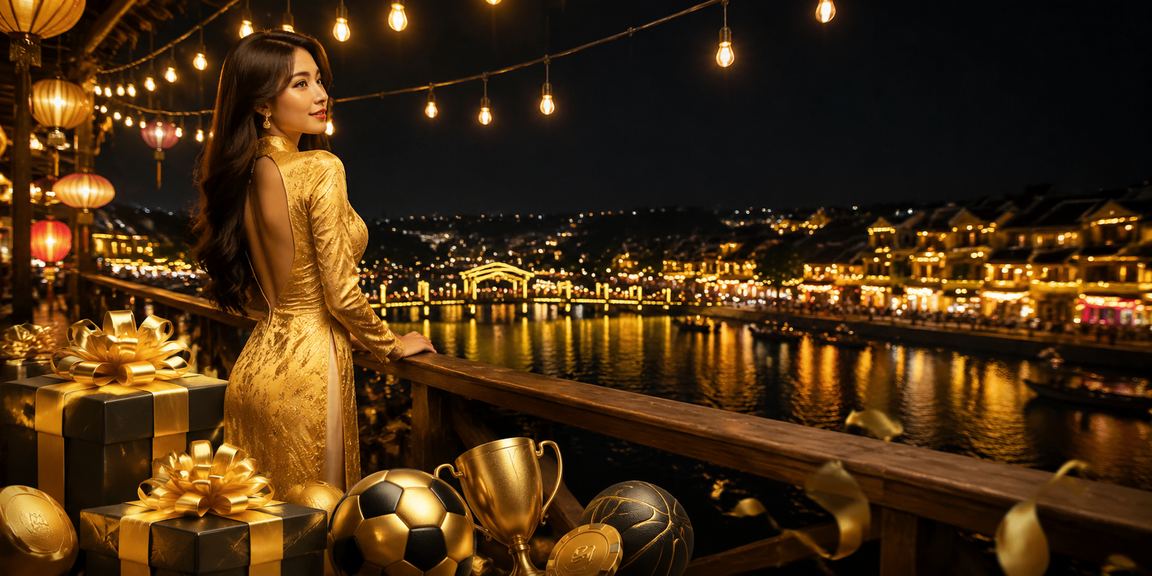 Khung cảnh Hội An với người dùng theo dõi thể thao trên điện thoại trong không gian truyền thống